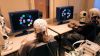 Blick auf die Versuchsanordnung mit zwei Arbeitsplätzen, EEG-Technik und Steuergeräten. (Quelle: Dr. Tobias Feldmann-Wüstefeld/TU-Berlin)